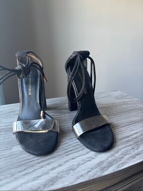 Lola Shoetique Black Suede & Silver Metallic Ankle-Tie Block Heels